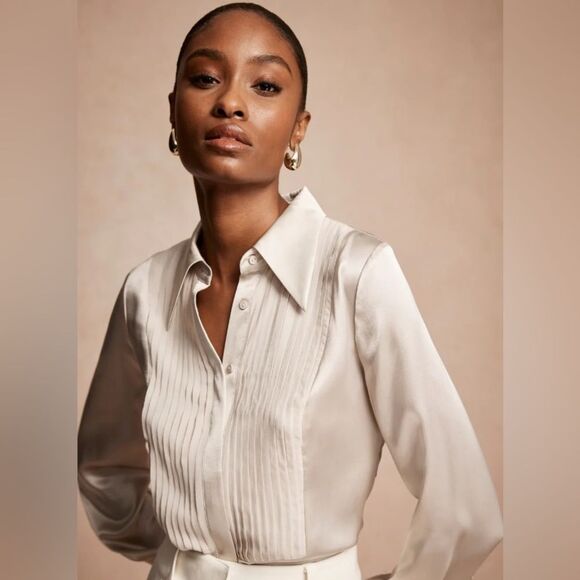 INC- Women’s Cream Button Down 100% Silk Pintuck French Cuff Blouse, Plus 18W - Picture 1 of 11